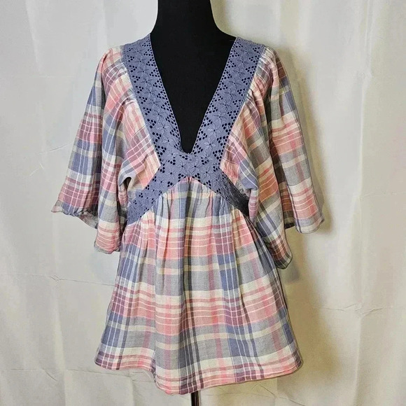Free People Boho,Plaid/Lace Open Back Cottagecore Batwing Blouse XS - Picture 3 of 12